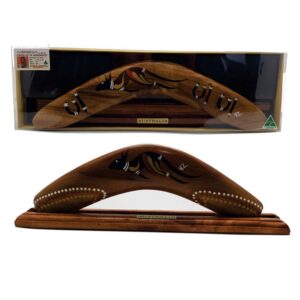 Boxed 14 Inch Animal and Weapons Traditional Boomerang with Stand